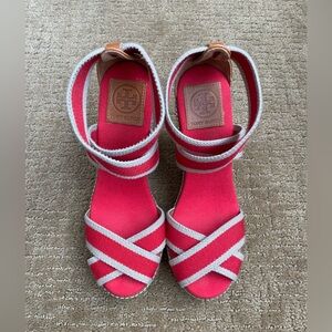 TORY BURCH Adonis Espadrille Wedge Sandals Red Stretch Fabric, Size 8